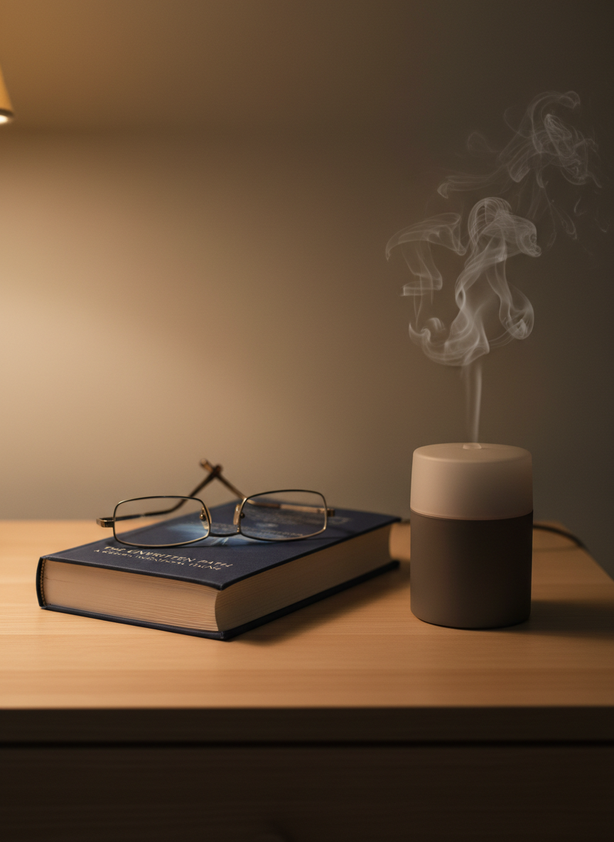 A peaceful bedroom nightstand scene: a closed, dog-eared self-help book with a deep navy cover and subtle silver lettering, a pair of simple reading glasses folded neatly on top, and a small, frosted-glass essential oil diffuser emitting a soft, translucent plume. The nightstand is pale wood with a smooth grain, set against a warm greige wall. A fabric-shaded lamp just outside the frame casts a warm, diffused evening glow, creating a cozy pool of light that fades into gentle darkness at the edges. Shot in photographic realism from a slightly elevated three-quarter angle, using shallow depth of field so the background blurs into softness. The mood is intimate, reassuring, and reflective, capturing personal growth woven into everyday life and evening routines.