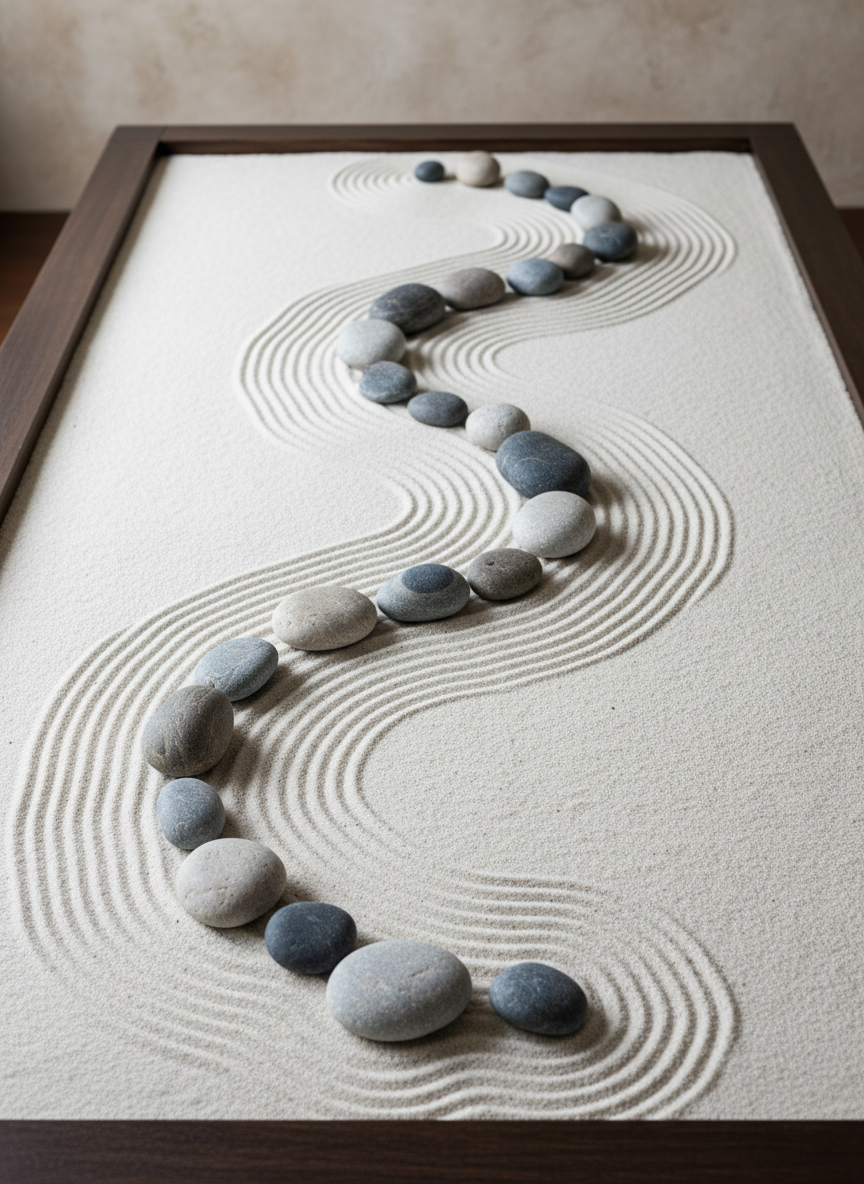 A smooth river stone pathway arranged in a gentle curve across a bed of fine white sand, each stone slightly different in size and shade of gray, symbolizing incremental steps of personal growth. Delicate raked lines in the sand radiate outward from the stones, forming calm, repetitive patterns. The setting suggests a minimalist indoor zen garden on a low wooden platform, with a faint hint of a neutral wall in the far background. Soft, diffused overcast light from above and slightly to the right creates subtle shadows beneath each stone, emphasizing their texture without harsh contrast. Photographic realism, top-down angle with balanced composition and generous negative space. The mood is serene, contemplative, and quietly spiritual, ideal for illustrating gentle, everyday transformation.
