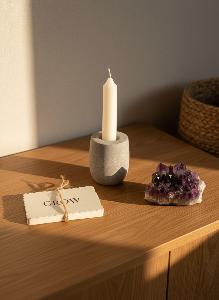 A simple altar-like arrangement on a low, natural oak sideboard: a single white candle in a matte stone holder, a smooth amethyst cluster with intricate facets, and a small stack of cream-colored affirmation cards tied with twine. All objects are carefully spaced, conveying intention and clarity. The setting is a minimalist living room corner with a light linen wall and a subtle hint of a woven basket in soft focus behind. Late afternoon golden light enters from the left, creating warm highlights on the crystal and gentle shadows behind the candle. Captured in photographic realism from a slightly elevated angle, with a calm, grounded mood that blends life coaching structure with gentle spiritual symbolism.