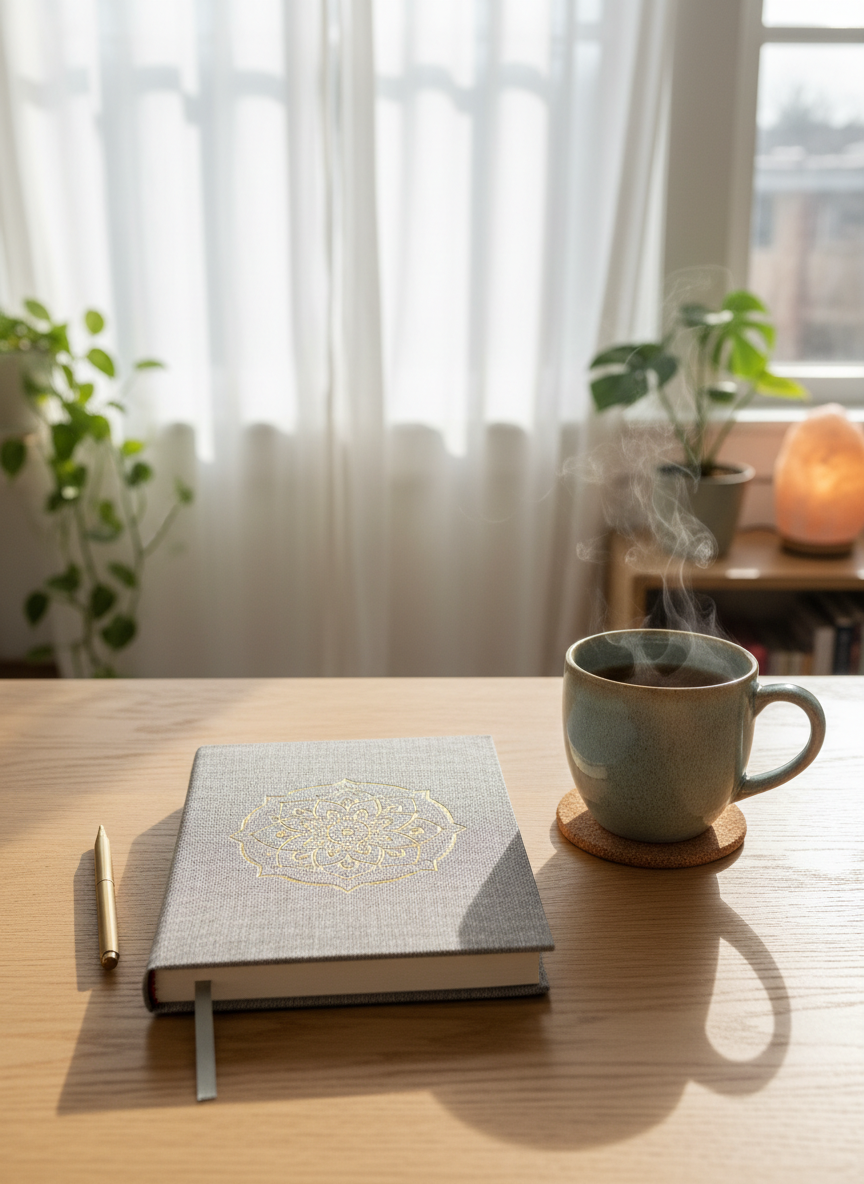 A neatly arranged wooden writing desk with a closed, linen-textured journal resting in the center, its soft gray cover embossed with a subtle gold mandala symbolizing inner growth. A smooth ceramic mug of herbal tea sits to the side, delicate steam curling upward. The desk is positioned near a large window, with soft morning sunlight filtering through sheer white curtains, casting gentle highlights on the journal’s edges and a calm pattern of shadows on the pale wood. In the blurred background, leafy houseplants and a small salt lamp glow warmly. Photographic realism, eye-level composition, shallow depth of field, and a serene, professional mood that evokes quiet reflection and everyday spiritual practice without any human presence.