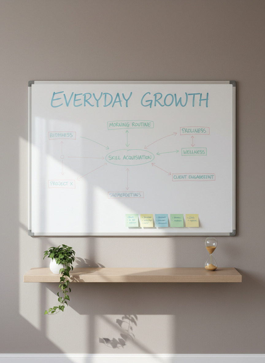 A large, clean whiteboard mounted on a soft taupe wall, covered in neatly written goals, arrows, and simple diagrams in pastel markers, centered around the handwritten phrase “Everyday Growth.” Color-coded sticky notes line the bottom edge, their edges slightly curling. Below the whiteboard, a slim floating wooden shelf holds a small potted ivy plant and a sand-filled hourglass. The room is a bright, modern home office with cool daylight streaming in from an unseen window, creating crisp yet gentle shadows and soft reflections on the whiteboard surface. Photographic realism at eye-level, with sharp focus throughout and a clear, professional atmosphere that feels organized, hopeful, and practical, emphasizing structured life coaching without depicting any people.