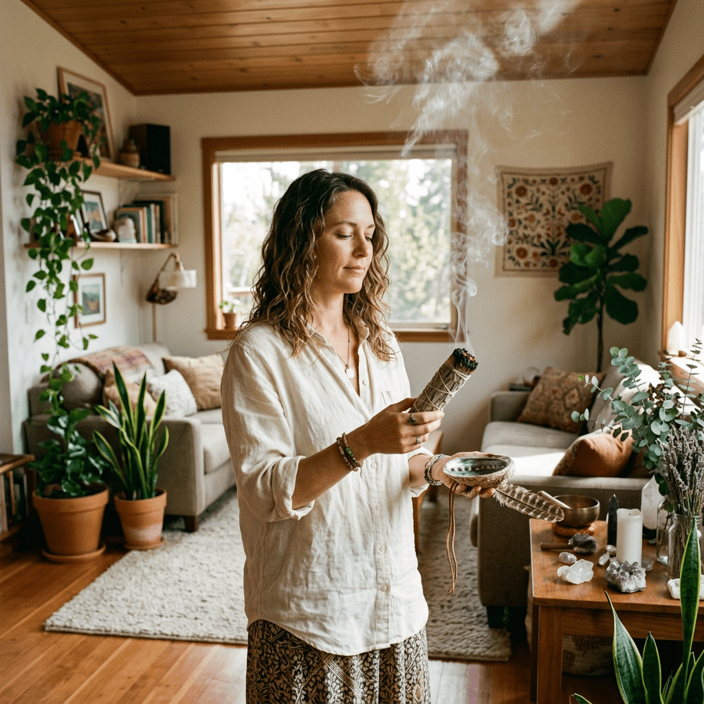 Woman holding a smoking sage bundle and a bowl during a smudging ritual in a cozy living room
