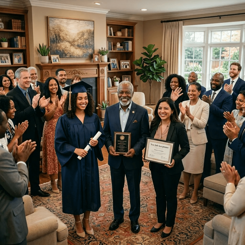 People celebrating graduation, retirement, and new job achievements in a church