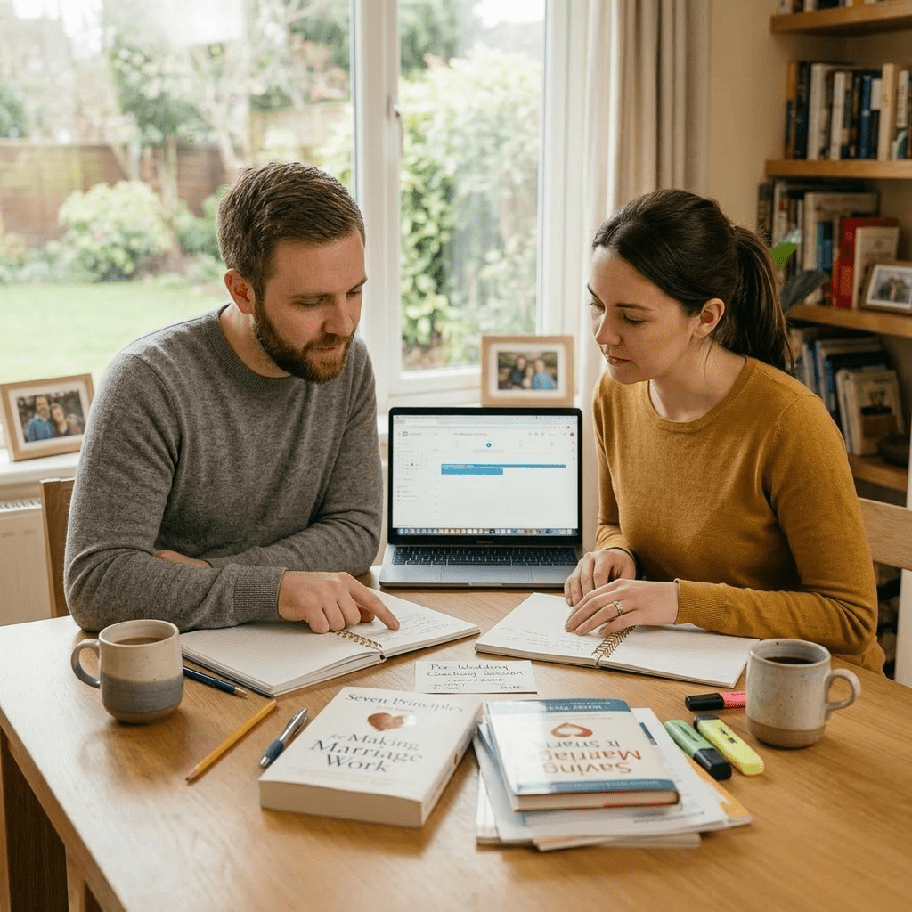 Couple seated at table reviewing notes and books with open laptop